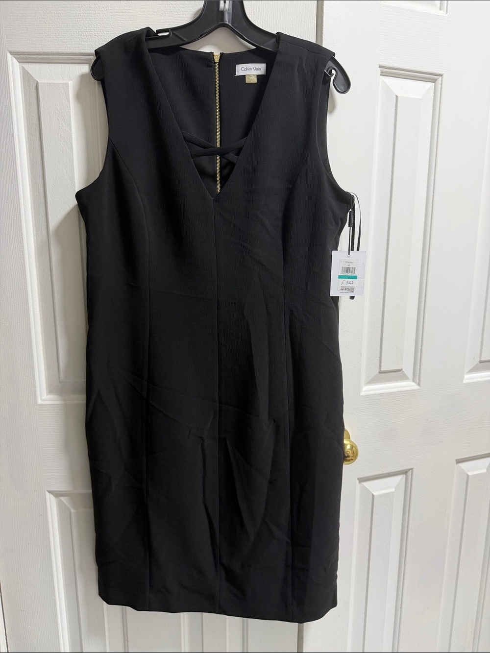 Calvin Klein Black V-Neck Sleeveless Sheath Dress with Front Strap Detail
